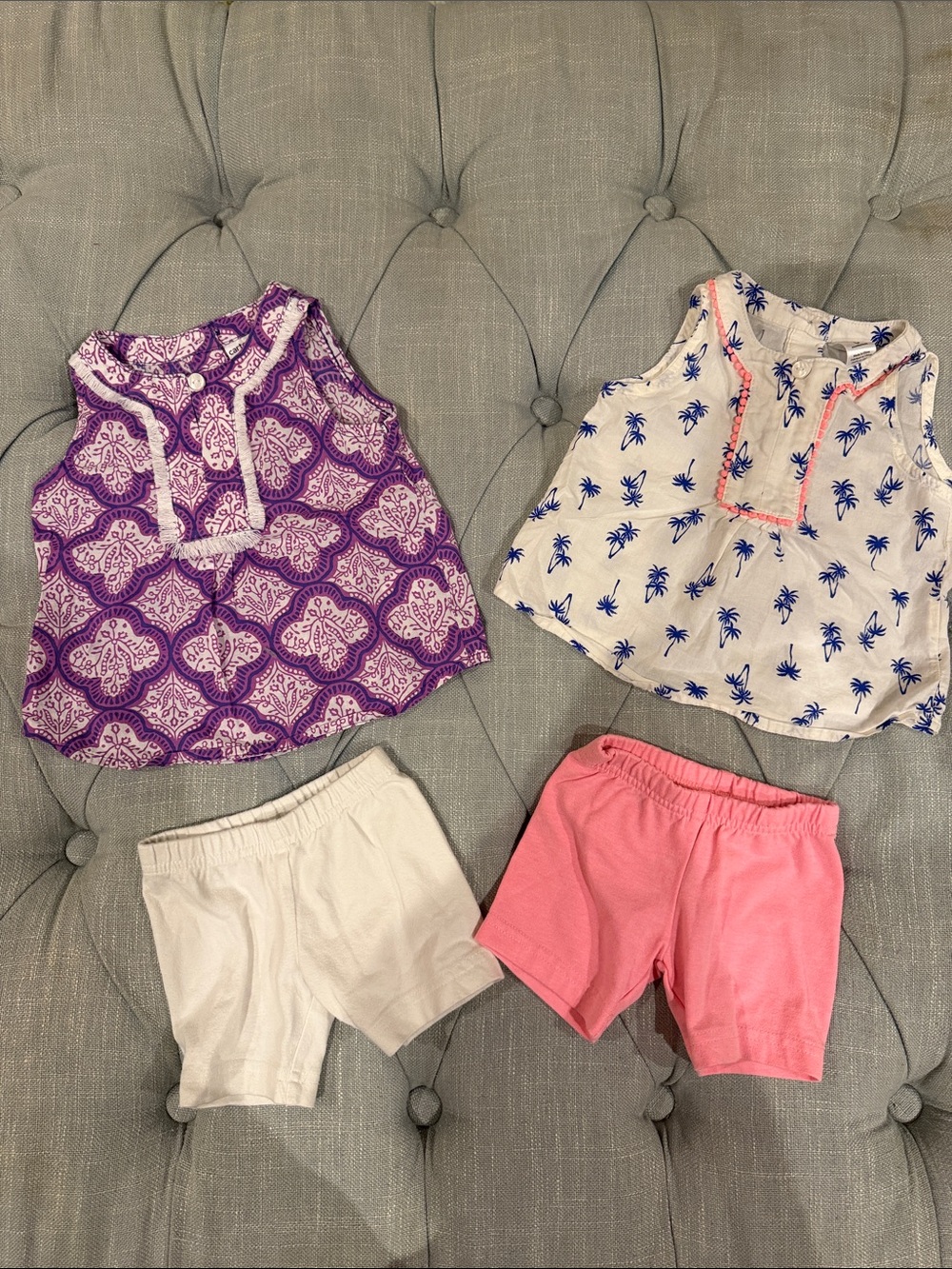Carter's Girls Purple Pattern & White Palm Print Tops with Pink and White Shorts
